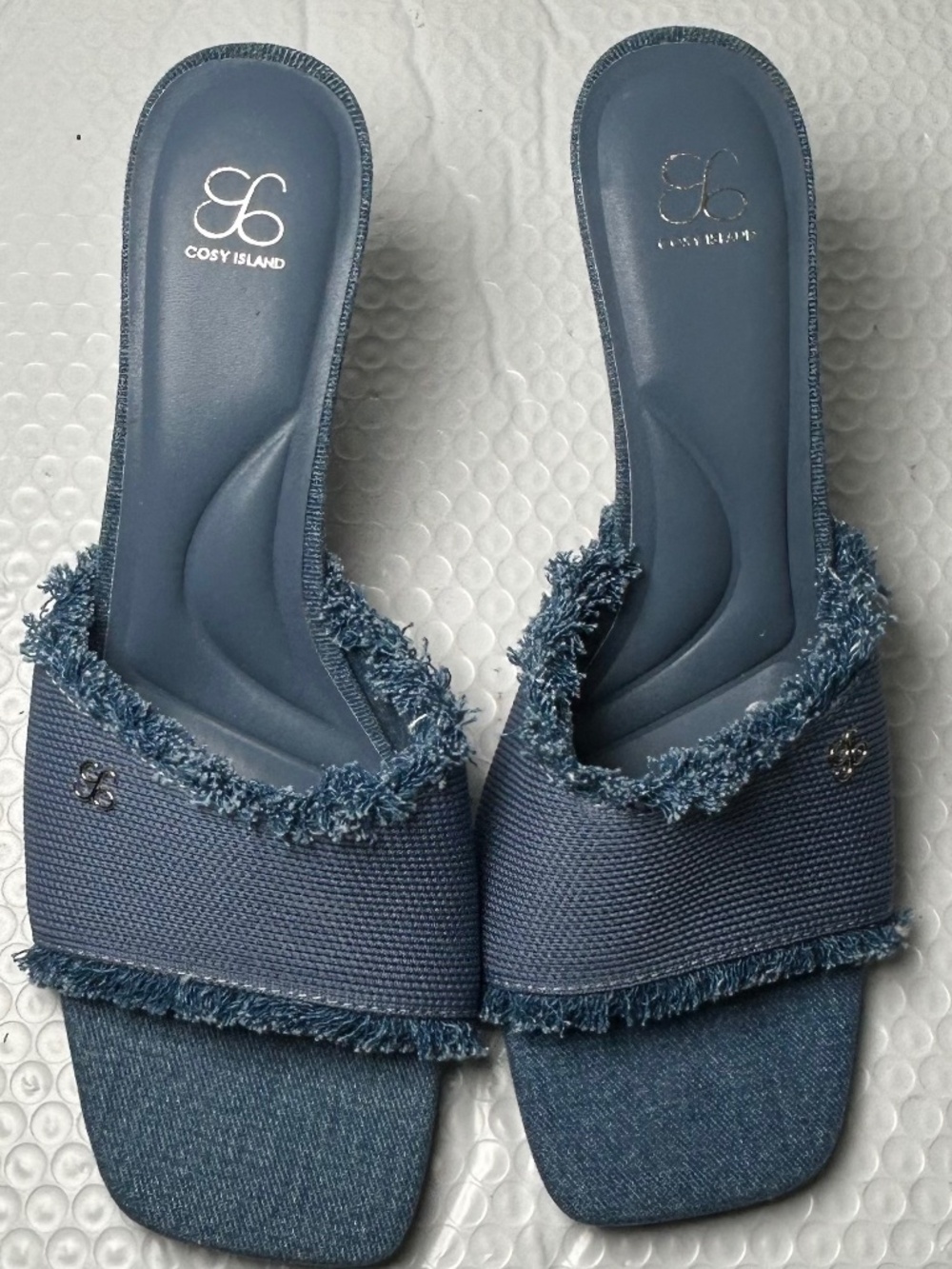 Cosy Island Denim Slide Sandals Frayed Trim Square Toe Low Block Heel Women Sz 9